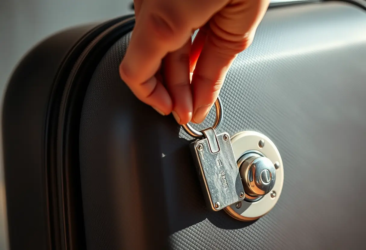 La main d'une personne tourne la clé d'un cadenas sur une valise fermée, la lumière du soleil fait scintiller le métal