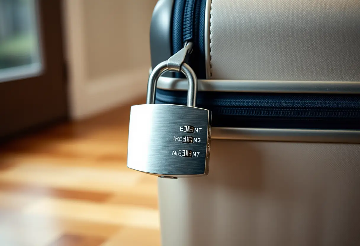 Un cadenas métallique attaché à la fermeture éclair d'une valise, vu de dos, les molettes de codage légèrement tournées, la valise fermée reposant sur un plancher en bois dur