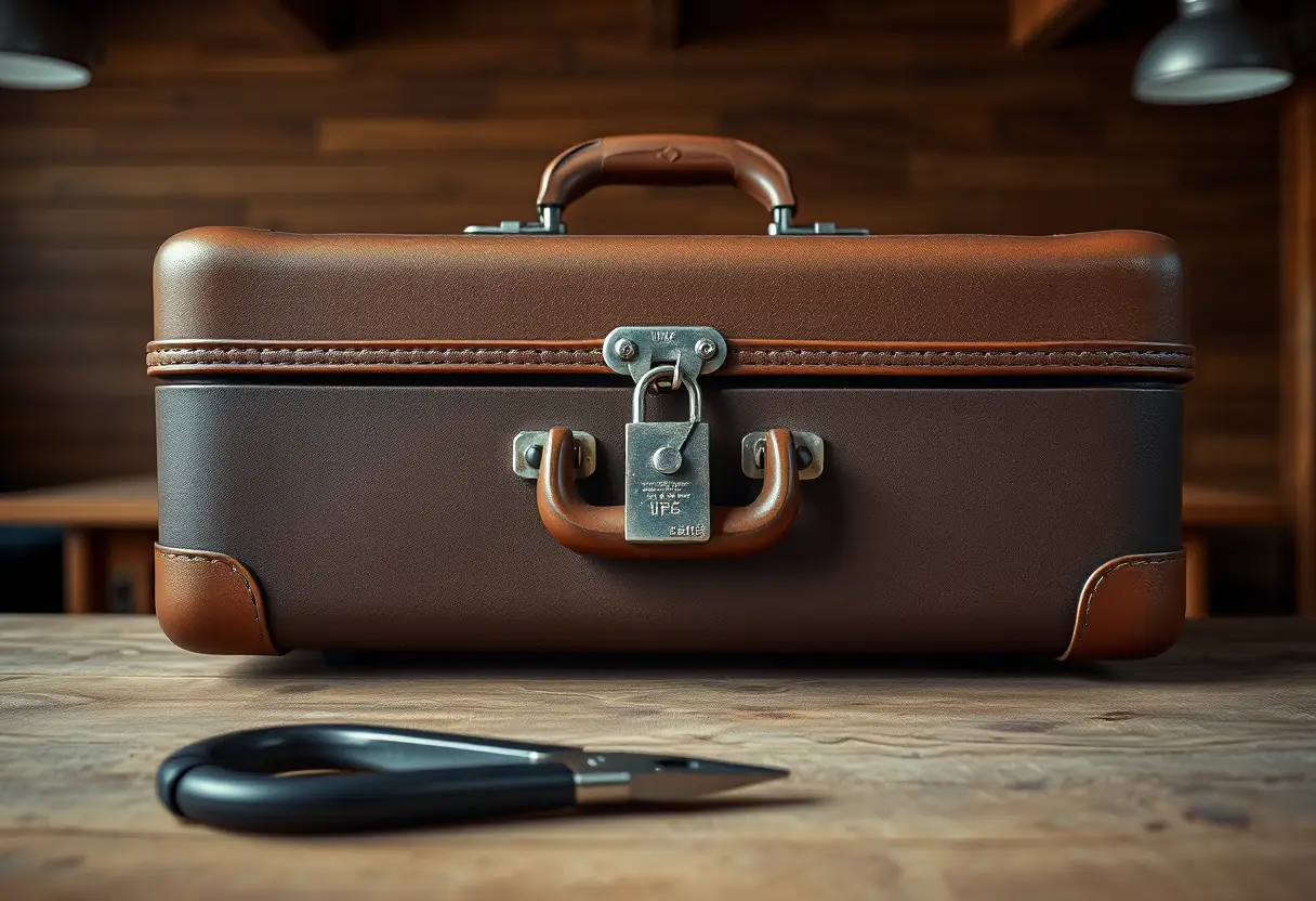 Une valise fermée avec cadenas repose sur une table en bois, une pince à côté, la lumière des spots souligne le cadenas