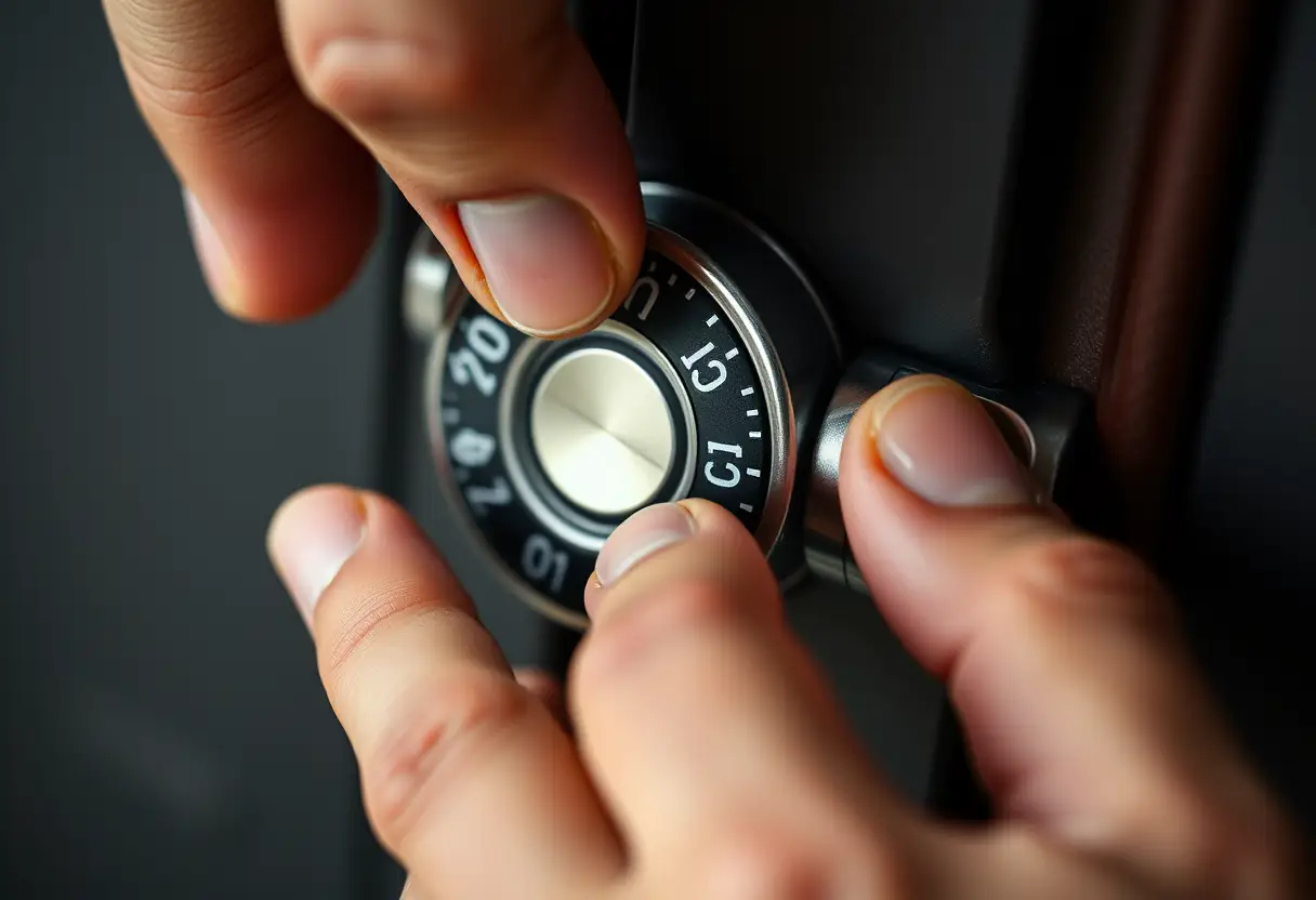 une main tourne les molettes d'un cadenas de valise, concentrée sur la combinaison