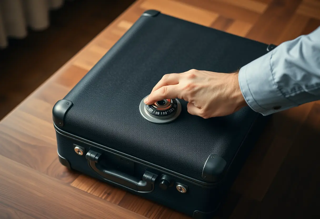 Une main tourne la combinaison d'un cadenas sur une valise en toile noire posée sur une table en bois