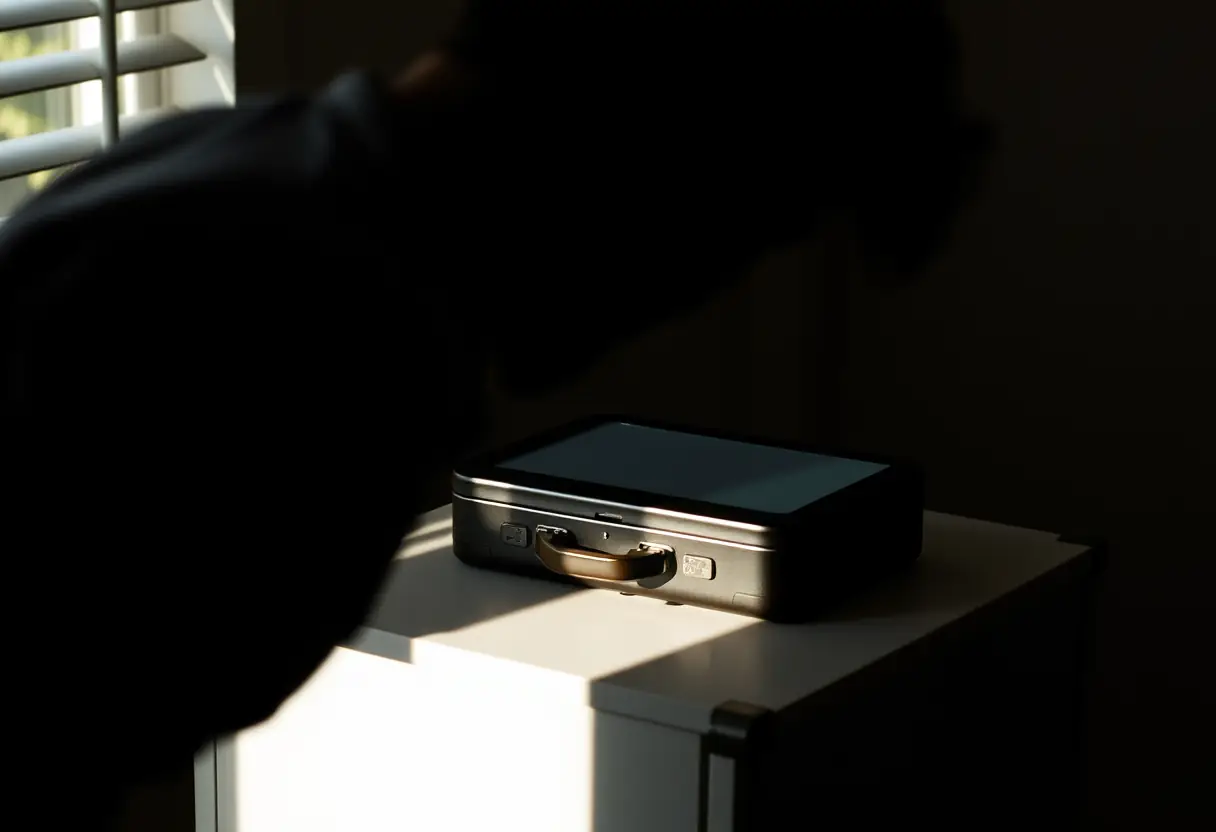 Un profil sombre observe l'écran numérique d'une valise fermée posée sur une commode de chambre