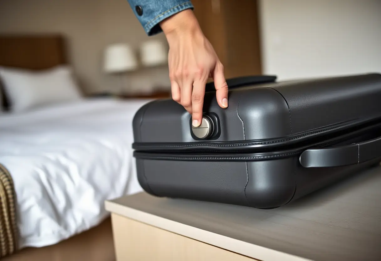La main d'un voyageur ajuste la combinaison d'un cadenas sur une valise posée sur un meuble de chambre