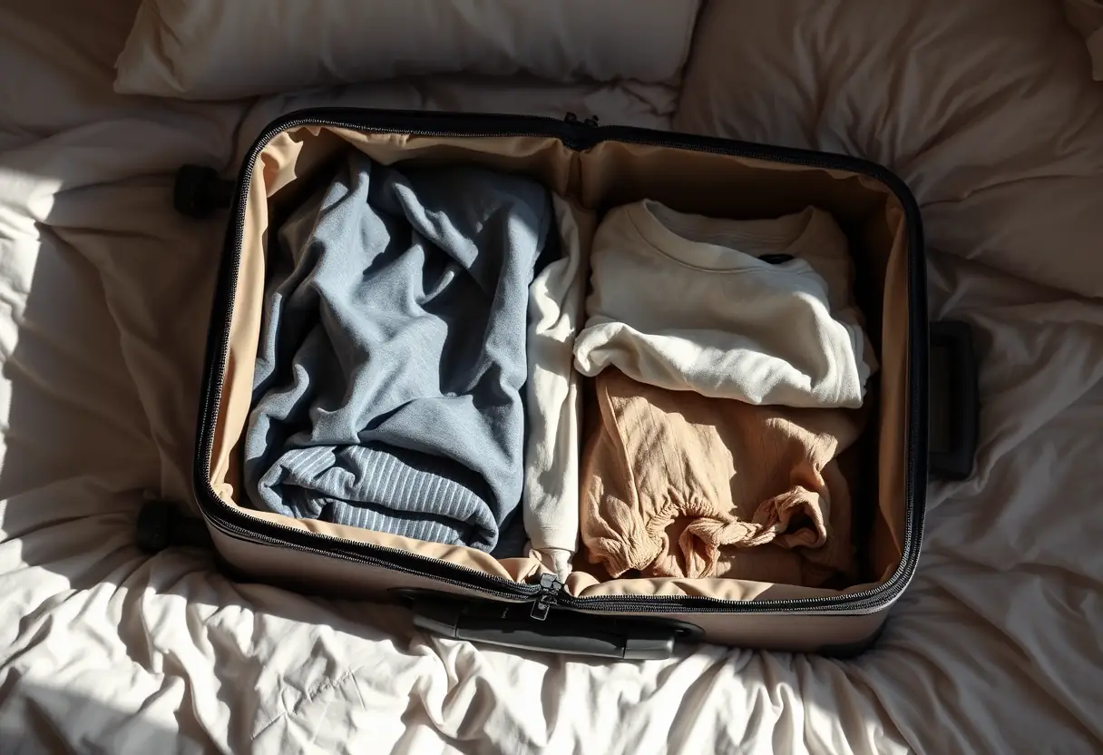 Une valise à compartiments ouverte sur un lit, révélant des vêtements pliés avec soin à l'intérieur