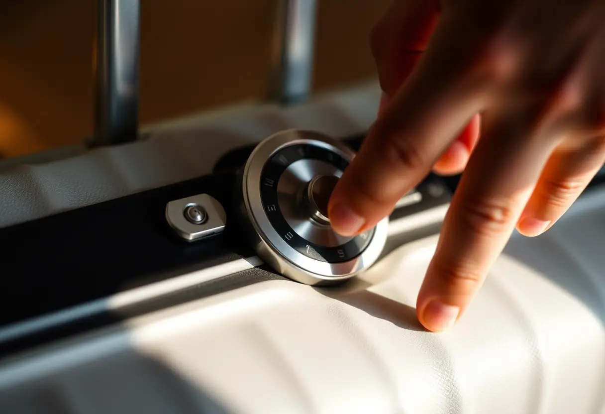 Une main tourne la molette de verrouillage d'une valise