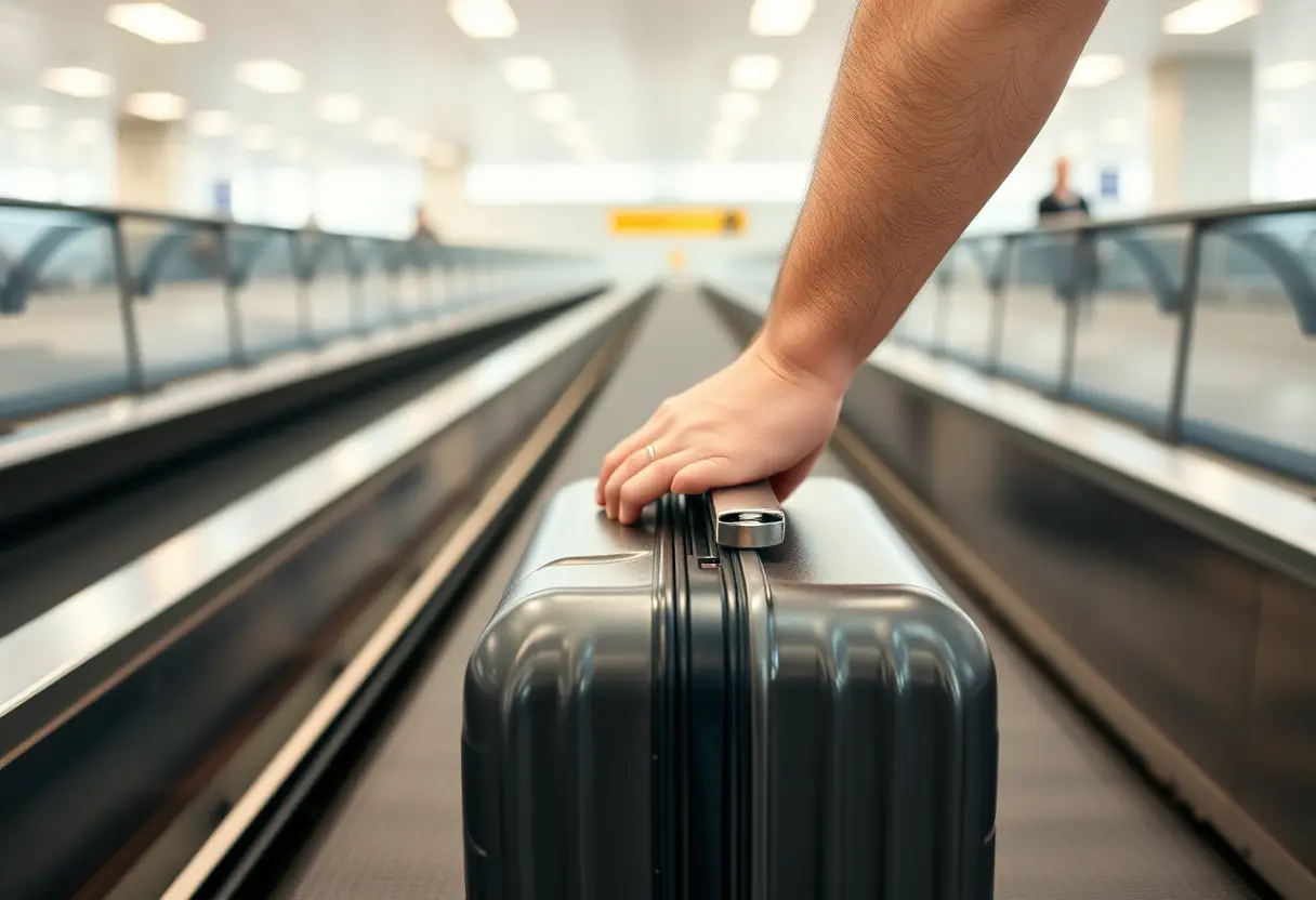 Un bras tendu vers le mécanisme de verrouillage d'une valise posée sur un tapis de bagages