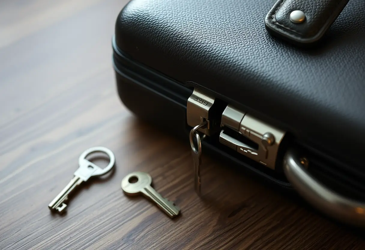 Une clé posée à côté d'une valise dont la serrure est cassée