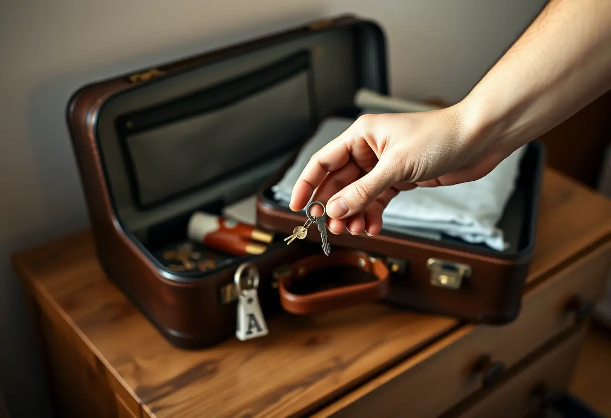 Une main tient un petit outil de déblocage à côté d'une valise ouverte sur une commode de chambre