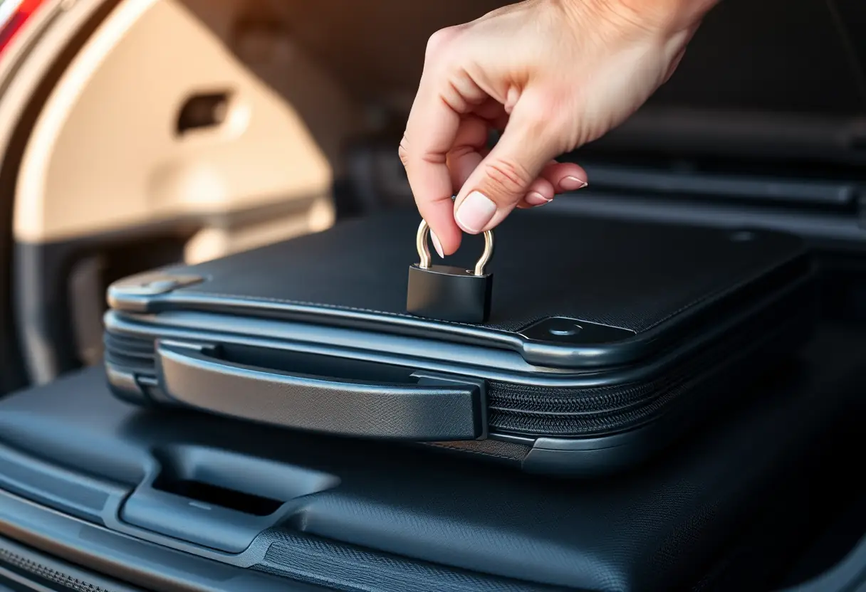 Une main utilise un ensemble d'outils de déblocage sur une valise fermée posée sur un coffre de voiture