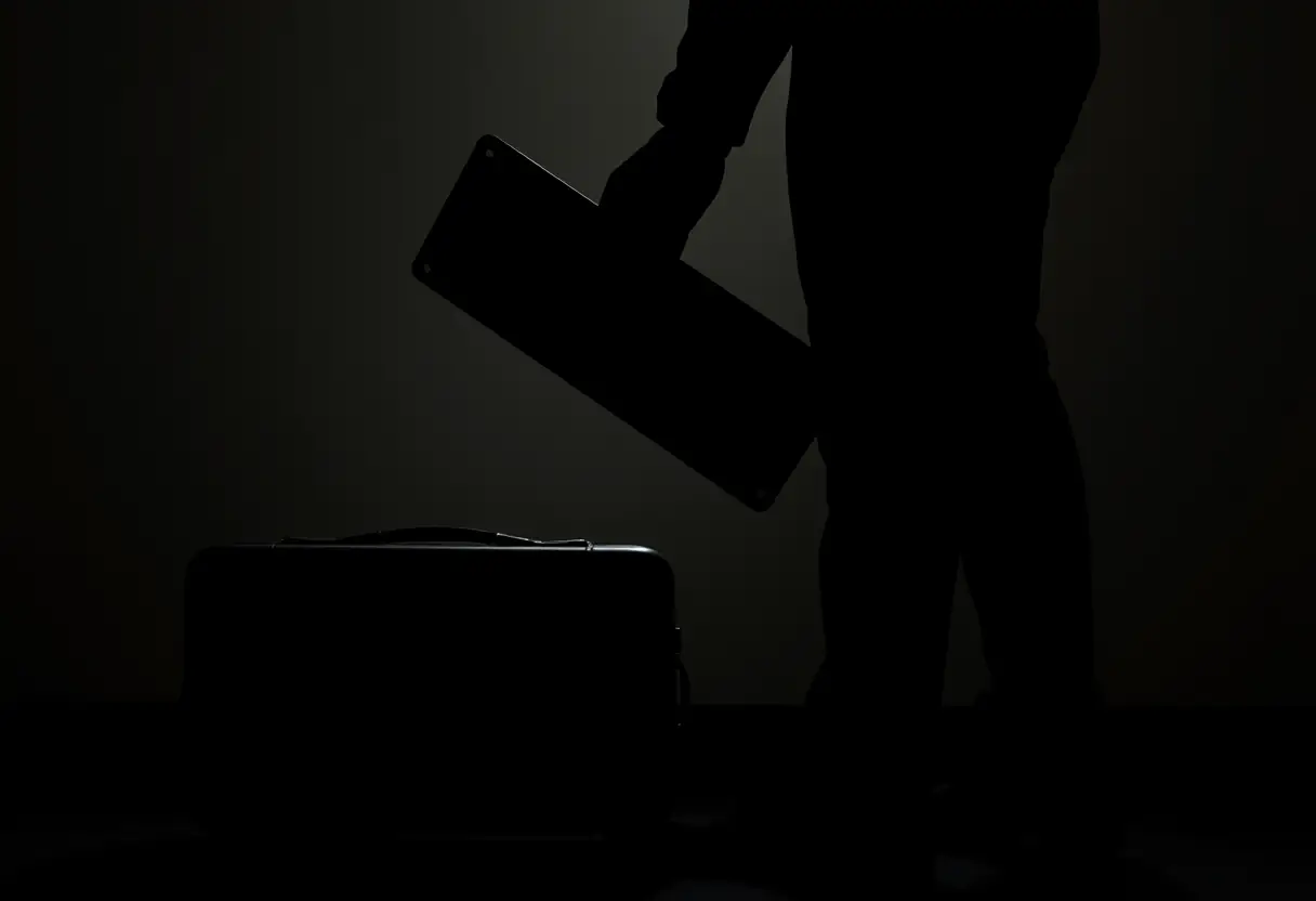Une silhouette tient un outil plat près d'une valise fermée