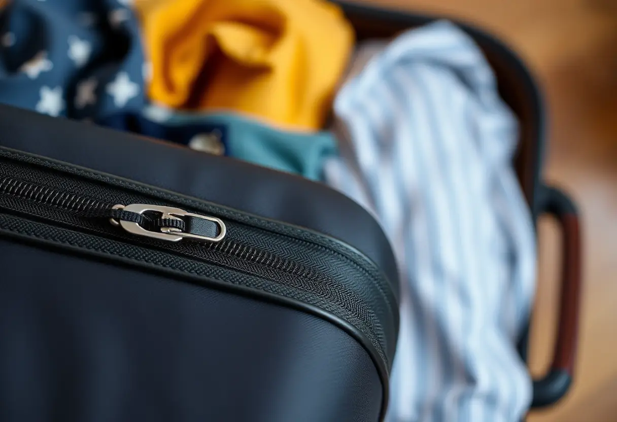 Un plan rapproché montrant la fermeture à glissière et sa poignée d'une valise, posée contre celle-ci qui est partiellement remplie de vêtements