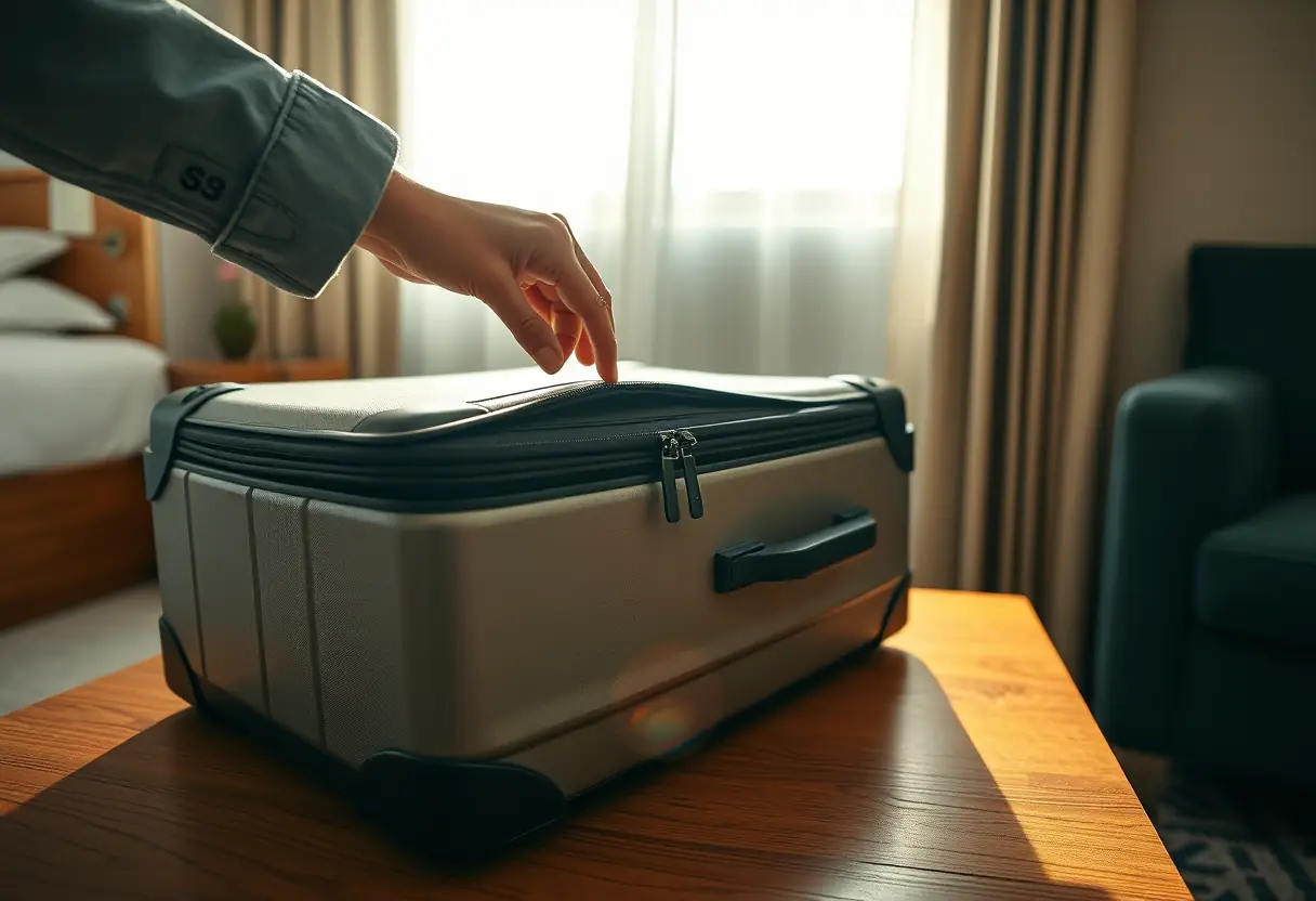 Main ouvrant la fermeture éclair d'une valise rigide sur une table en bois, lumière naturelle