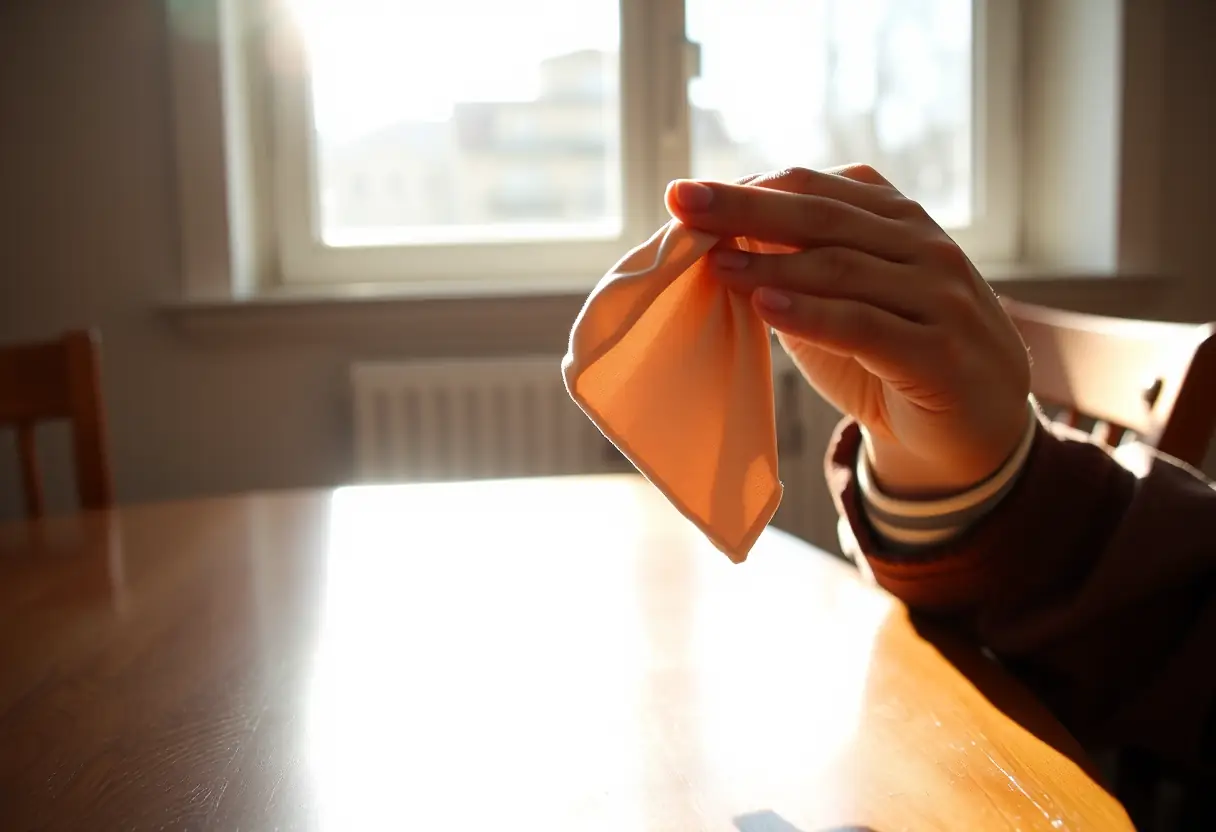 Un individu assis à une table où la lumière du soleil crée des ombres, une main tenant un chiffon doux pour nettoyer l'oreille