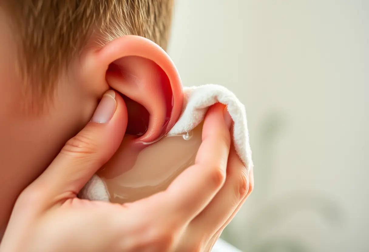 Une main tenant un chiffon doux imbibé d'eau tiède près d'une oreille