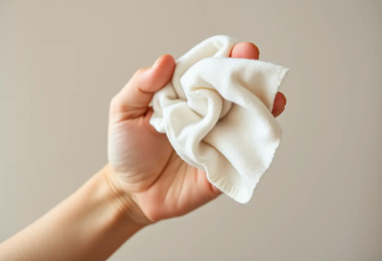 Une main tenant un chiffon doux pour nettoyer délicatement les oreilles