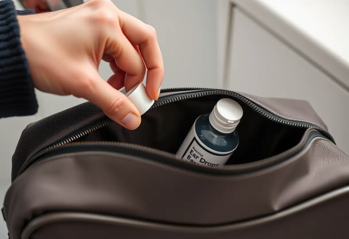 Une main qui plonge dans un sac de toilette pour retirer une bouteille de gouttes pour les oreilles