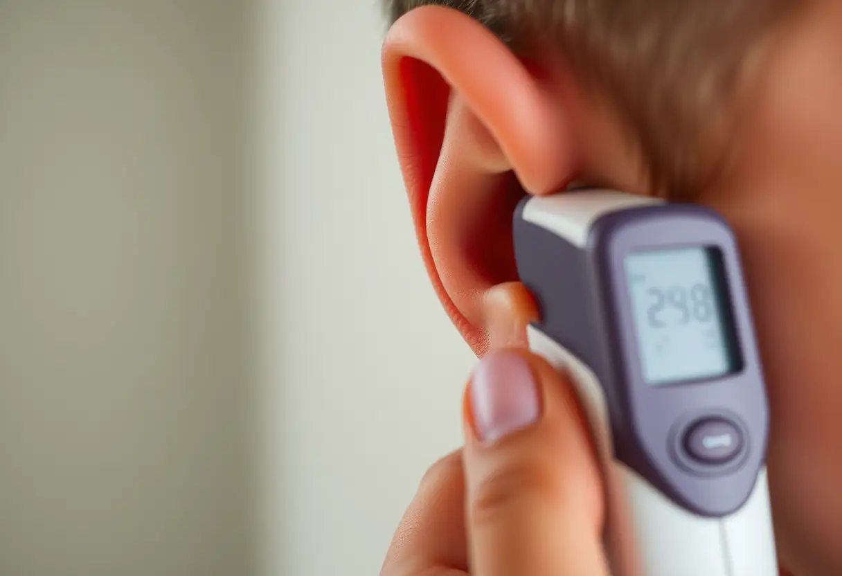 Un thermomètre à oreille en action, montrant la température sur un écran numérique