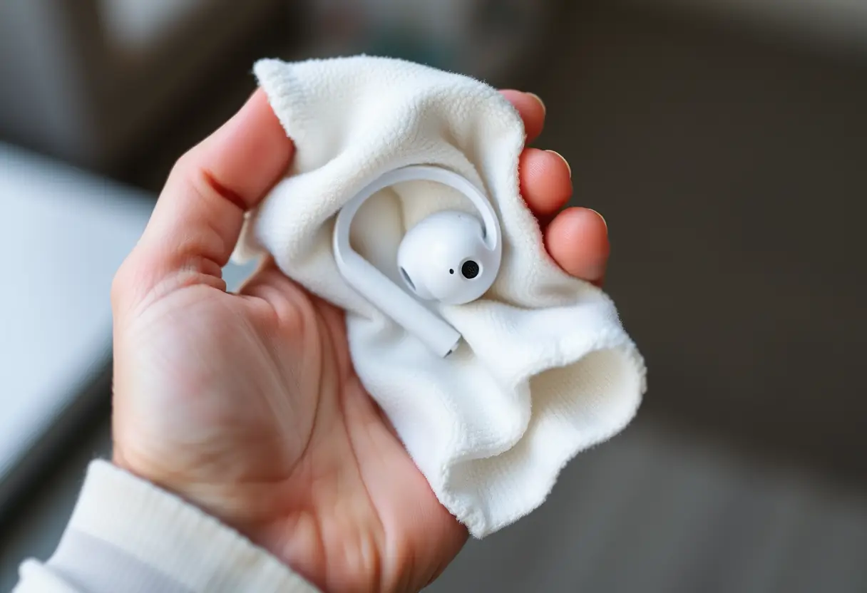 Une main tenant un chiffon doux pour nettoyer des écouteurs