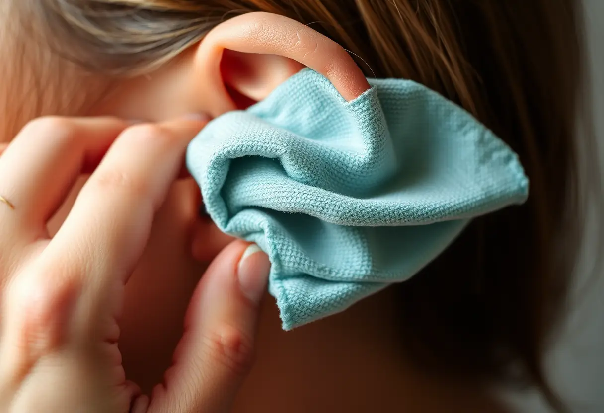 Une main tenant un chiffon doux pour nettoyer l'oreille