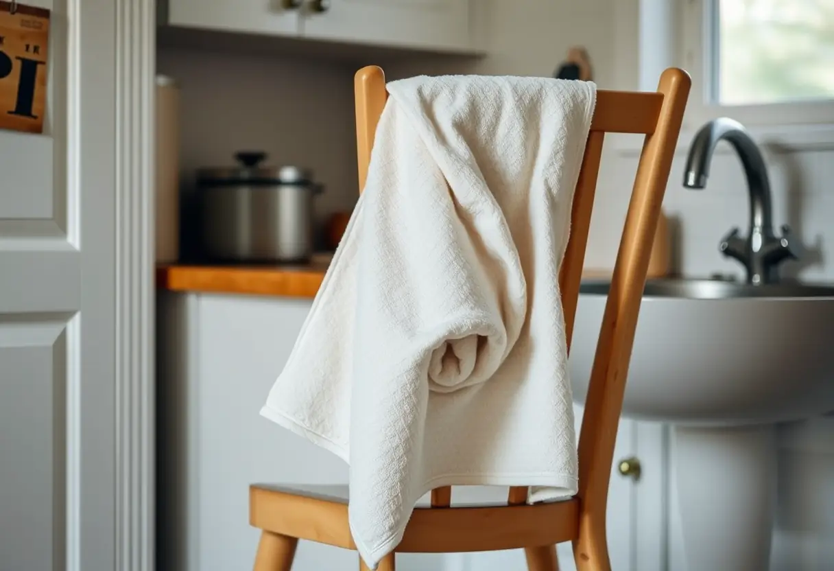Un coussin roulé pendentif derrière une chaise, près d'un lavabo dans un intérieur familial