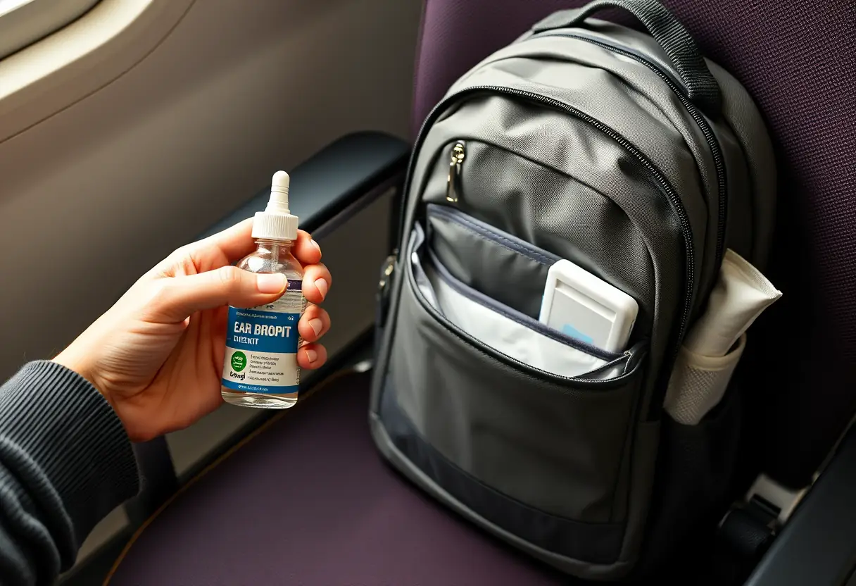 Une personne tient une bouteille de gouttes pour les oreilles près d'un sac à dos ouvert sur une chaise, avec un kit de toilette accroché à l'extérieur du sac
