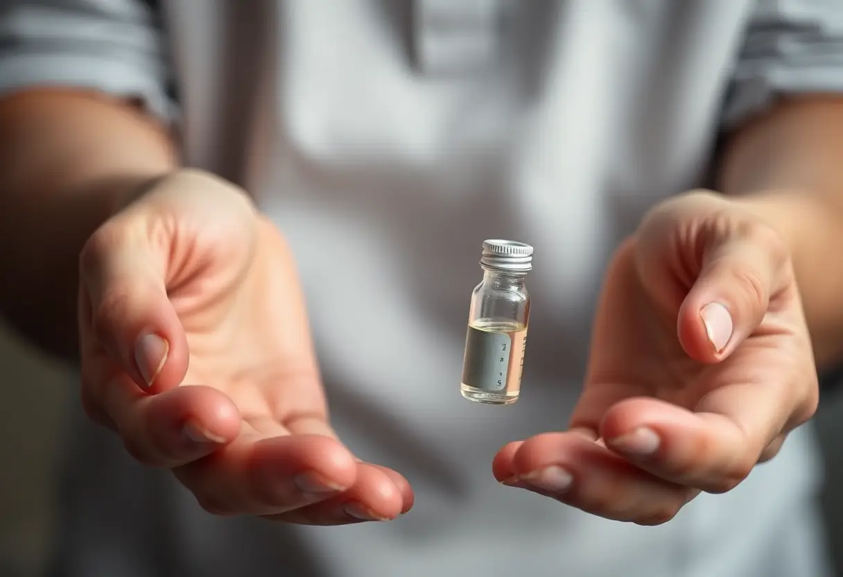 Des mains tenant une petite fiole d'ear drops