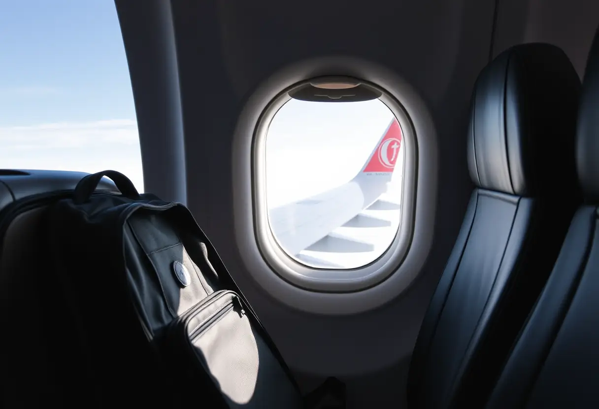Un sac à dos posé sur un siège près d'une fenêtre donnant sur un aile d'avion