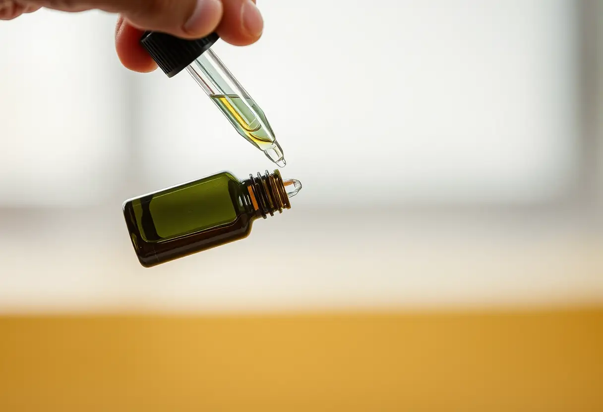 Une main verse une bouteille avec un distributeur dans l'oreille
