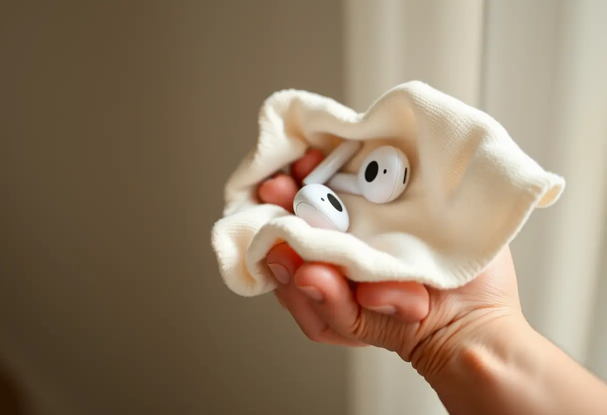 Une main tenant un morceau de chiffon doux pour nettoyer des écouteurs