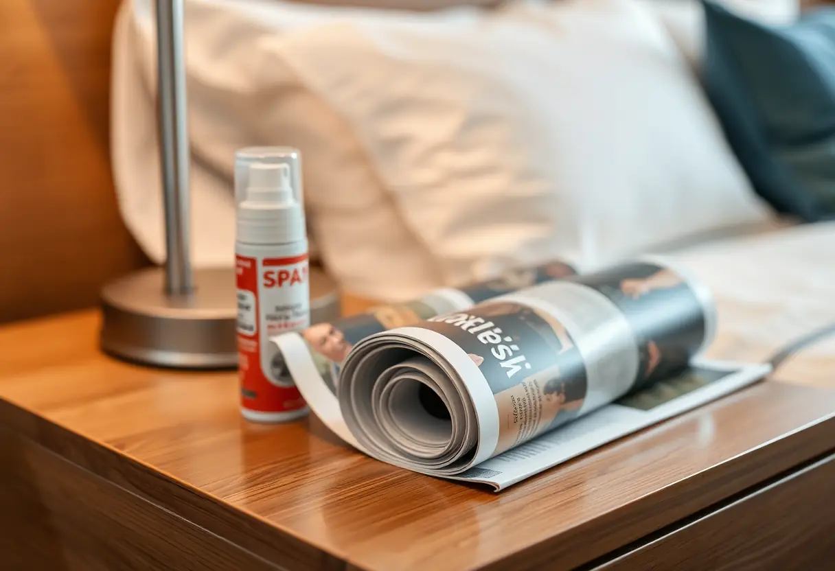 Un magazine roulé posé sur la table de chevet d'une chambre d'hôtel, près d'une bouteille de vaporisateur nasal