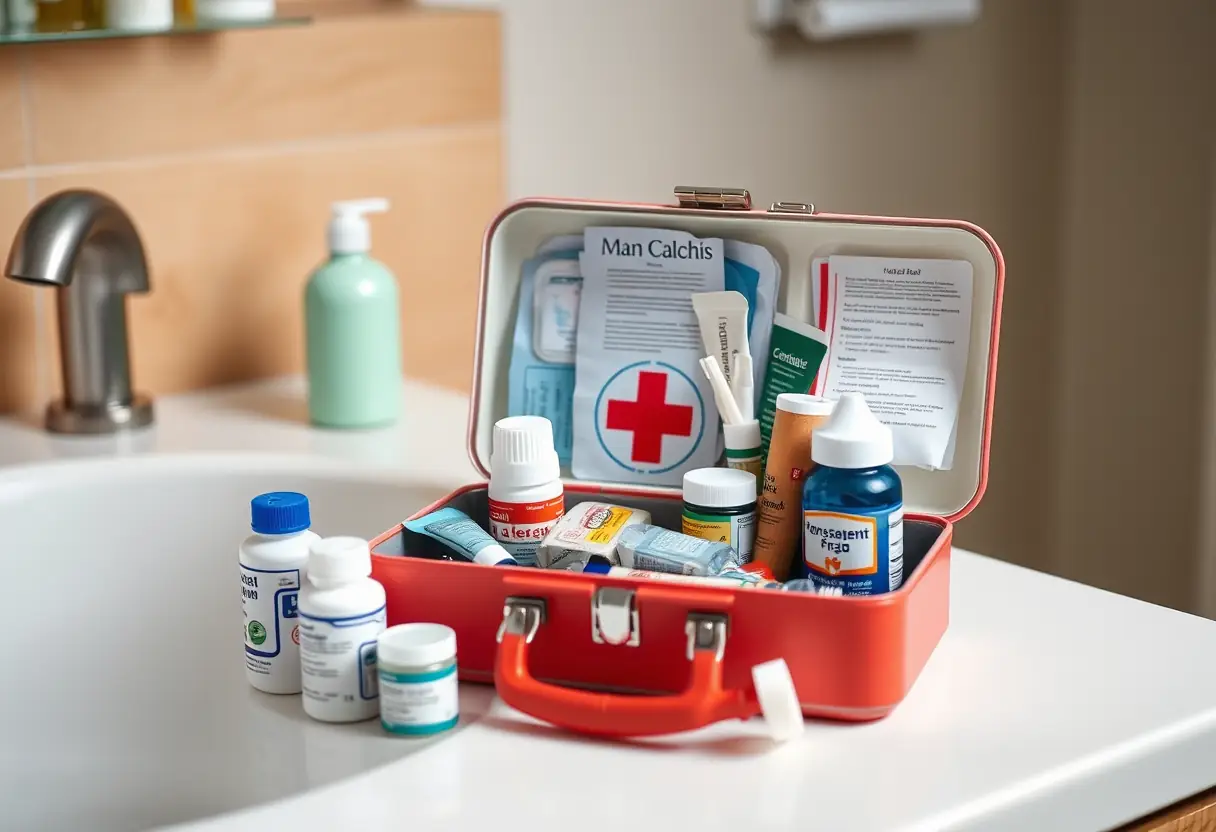 Un coffre à pharmacie ouvert sur un meuble de toilette, contenant divers flacons de médicaments et de baumes