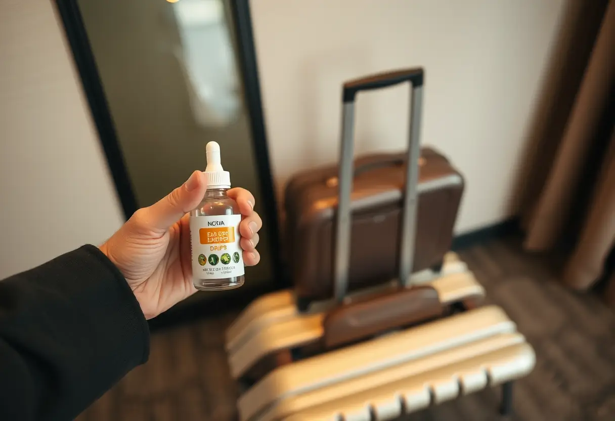 Une main tenant une bouteille de gouttes pour les oreilles près d'une valise sur un porte-valises d'hôtel