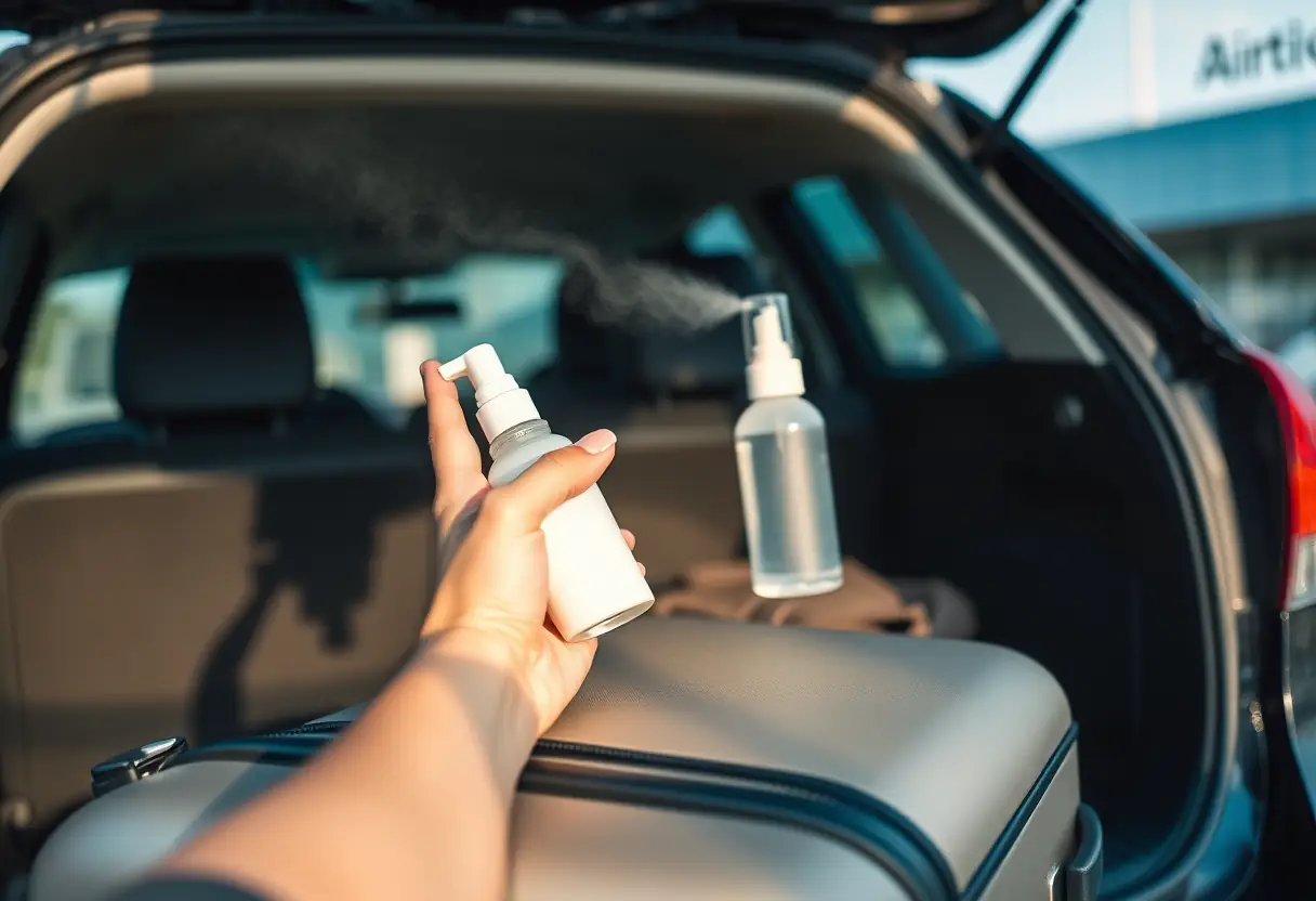 Une main utilisant une bombe pulvérisatrice nasale alors qu'une personne est assise sur une valise dans le coffre d'une voiture, stationnée devant un terminal d'aéroport
