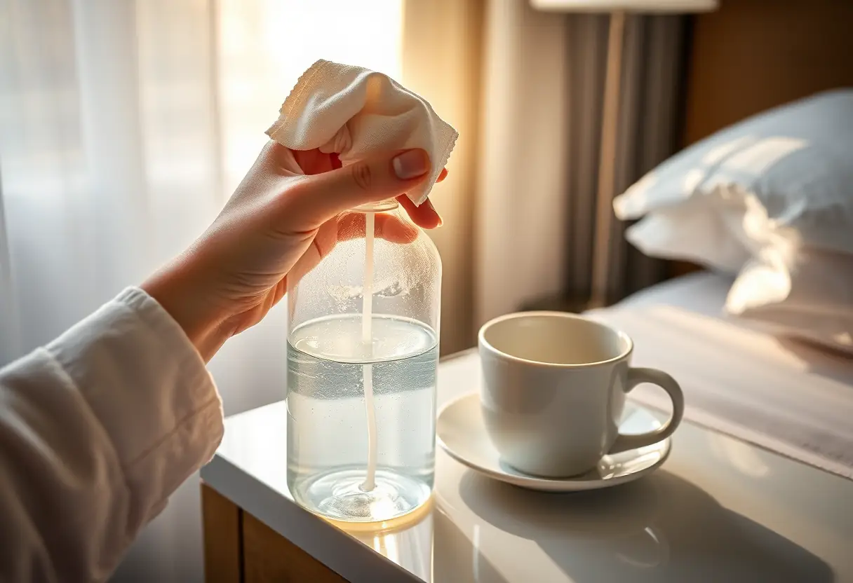 Un homme tient une bouteille en plastique remplie de solution saline près d'un verre sur la table de nuit d'une chambre d'hôtel à l'aube