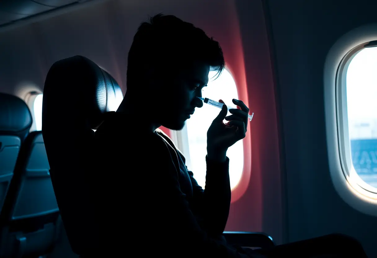 La silhouette d'une personne assise dans l'allée d'un avion, utilisant un syringe bulbeux sur son oreille, la lumière du jour filtre à travers la fenêtre