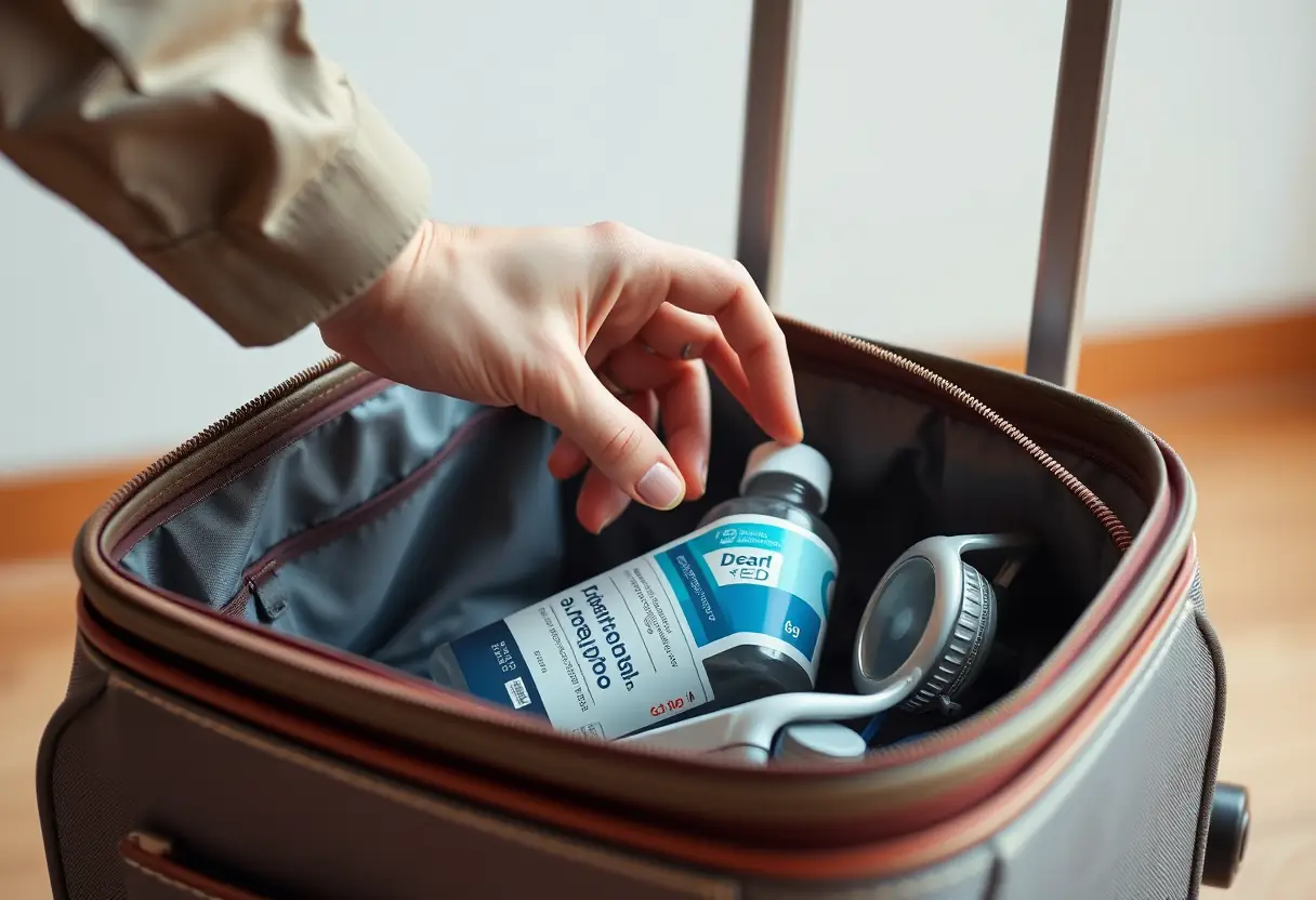 Une main qui plonge dans une valise à côté souple pour prendre un flacon de gouttes pour les oreilles