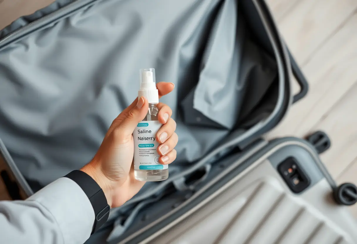 Une main tenant un flacon de spray nasal à côté d'une valise partiellement ouverte