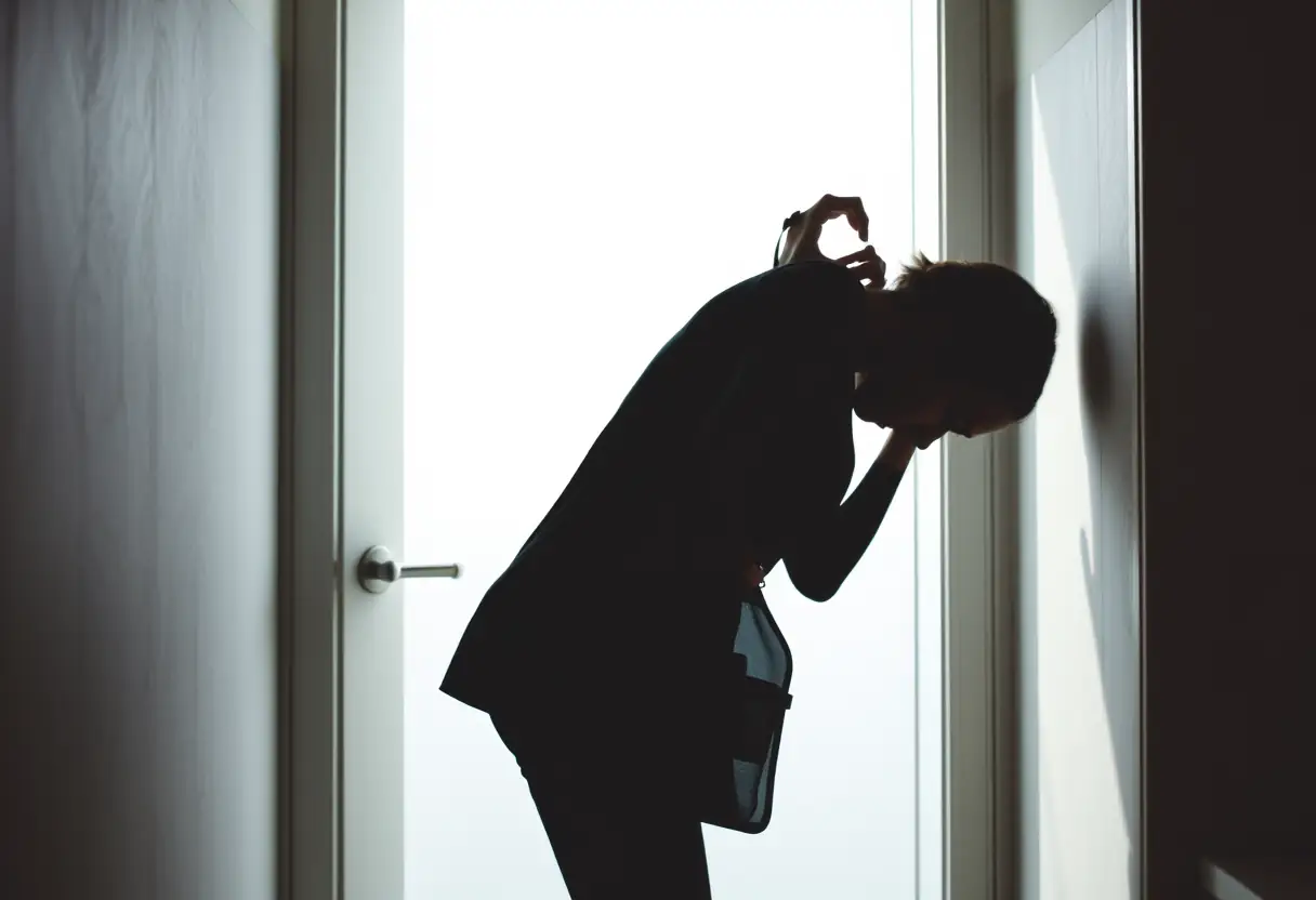 Un profil d'une personne penchée pour atteindre un sac de toilette accroché à la poignée d'une porte de salle de bains