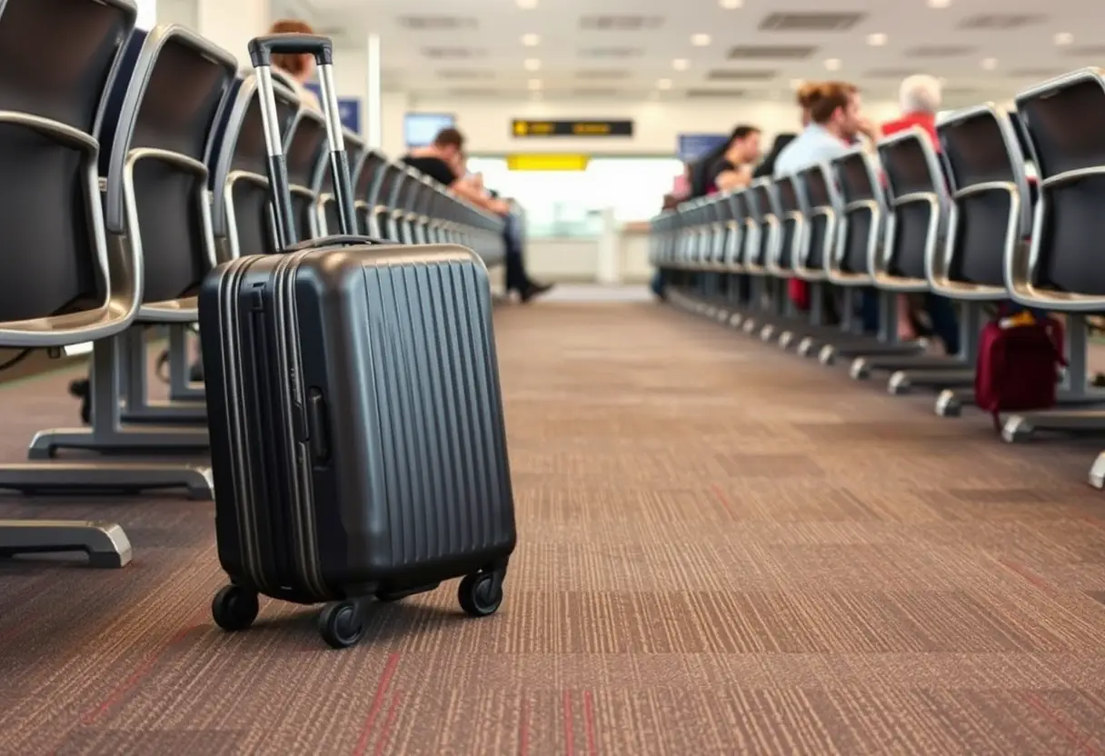 Des roues de valise qui roulent sur le tapis d'aéroport près d'une rangée de sièges où des passagers sont assis