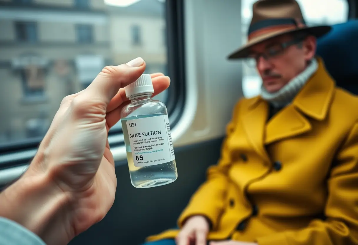 Une main tenant une bouteille de solution saline à côté d'un voyageur assis, vêtu d'un manteau et d'un chapeau