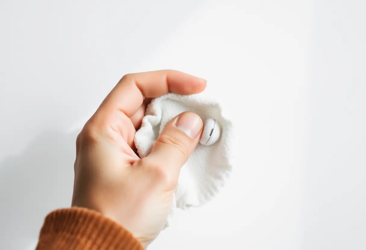 Une main tenant un morceau de tissu doux pour nettoyer des écouteurs