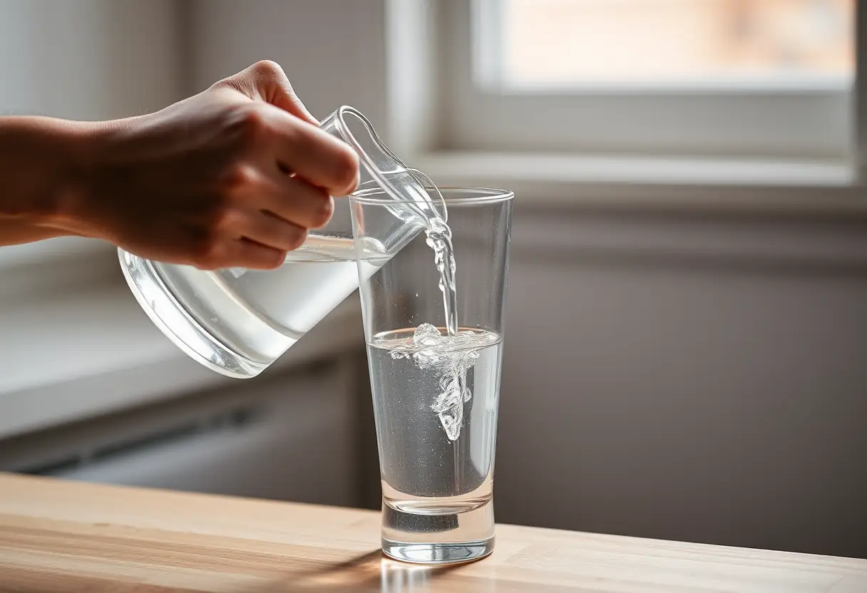 Une main versant de l'eau tiède dans un verre à partir d'une cruche