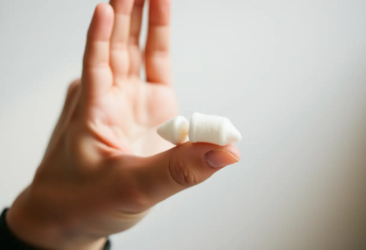 Une main tenant un tampon d’oreille en tissu doux