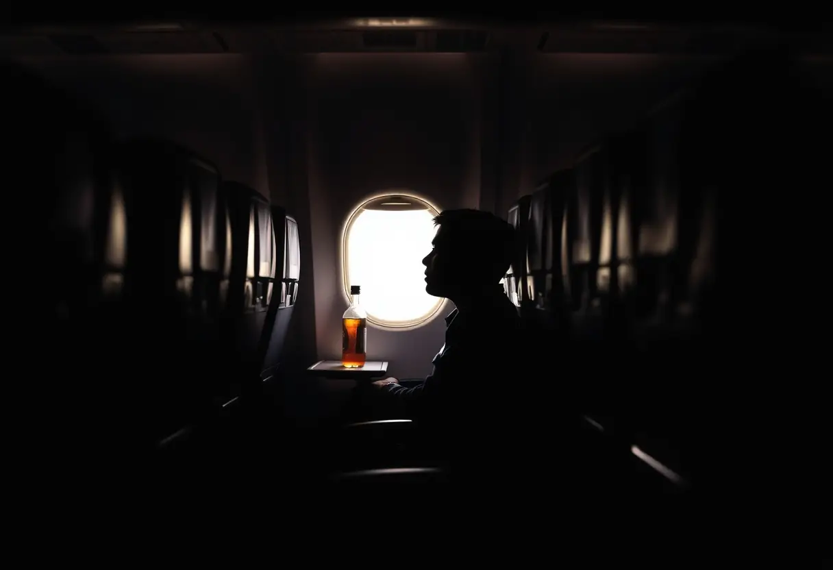 Un profil de silhouetté d'une personne assise dans un siège d'allée d'avion, avec une boisson en bouteille sur la tablette