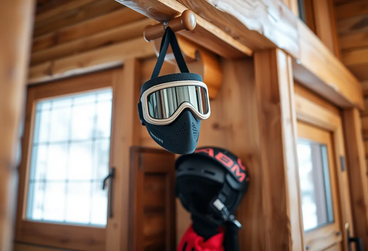 Un masque de ski accroché à un porte-manteau dans un chalet en bois rustique, avec un casque de ski et des gants sous lui
