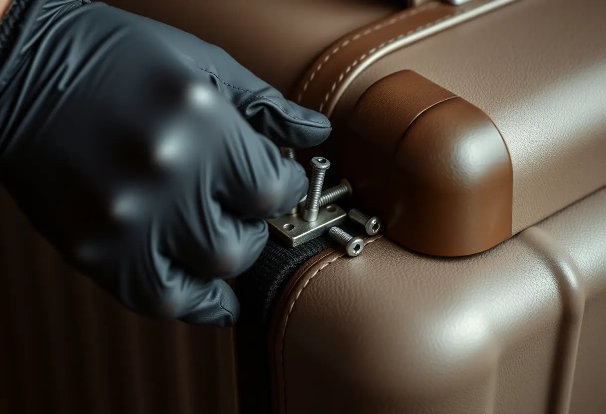 Des mains gantées retirent soigneusement des vis d'un fermoir de valise