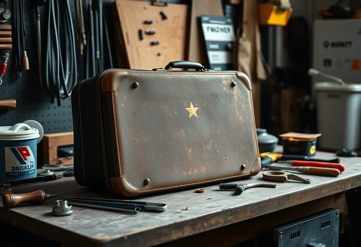 Une valise fermée reposant sur son côté sur un banc de travail avec des outils répandus à côté