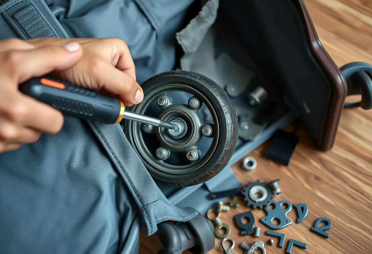 Une main tenant un tournevis en train d'enlever des vis d'une roue abîmée d'une valise, à l'intérieur de laquelle sont visibles les pièces détachées