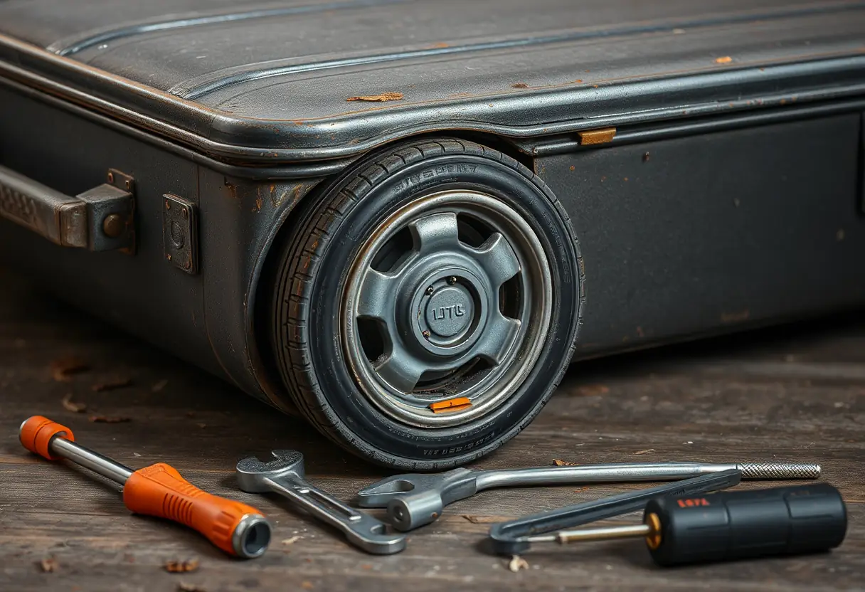 Une valise couchée sur le côté, la roue endommagée est clairement visible, tandis que des outils comme une clé à molette et un tournevis sont éparpillés autour