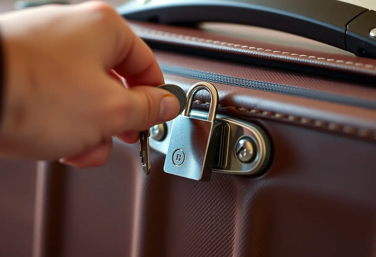 Une main tourne une petite clé dans un cadenas sur une valise.